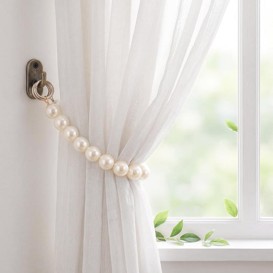 Tondiamo 2 Pack Pearl Curtain Tiebacks Decorative Window Drape Holdbacks with Large Pearls French Rustic Curtain Tie Bands for Bedroom Living Room Home Decor (Single)