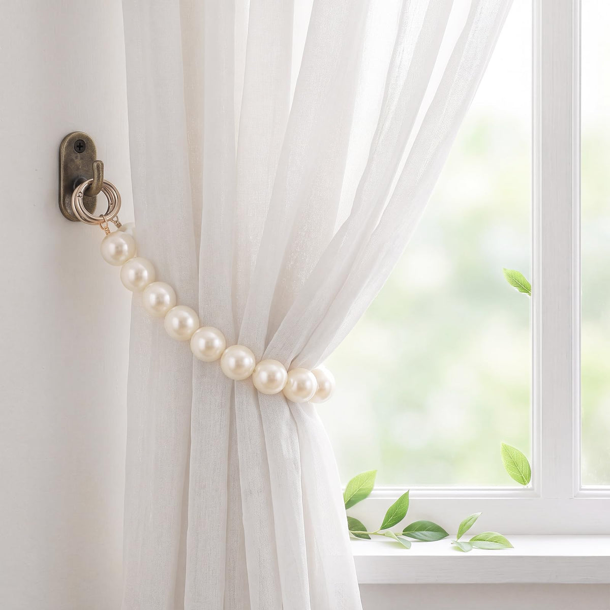 Tondiamo 2 Pack Pearl Curtain Tiebacks Decorative Window Drape Holdbacks with Large Pearls French Rustic Curtain Tie Bands for Bedroom Living Room Home Decor (Single)