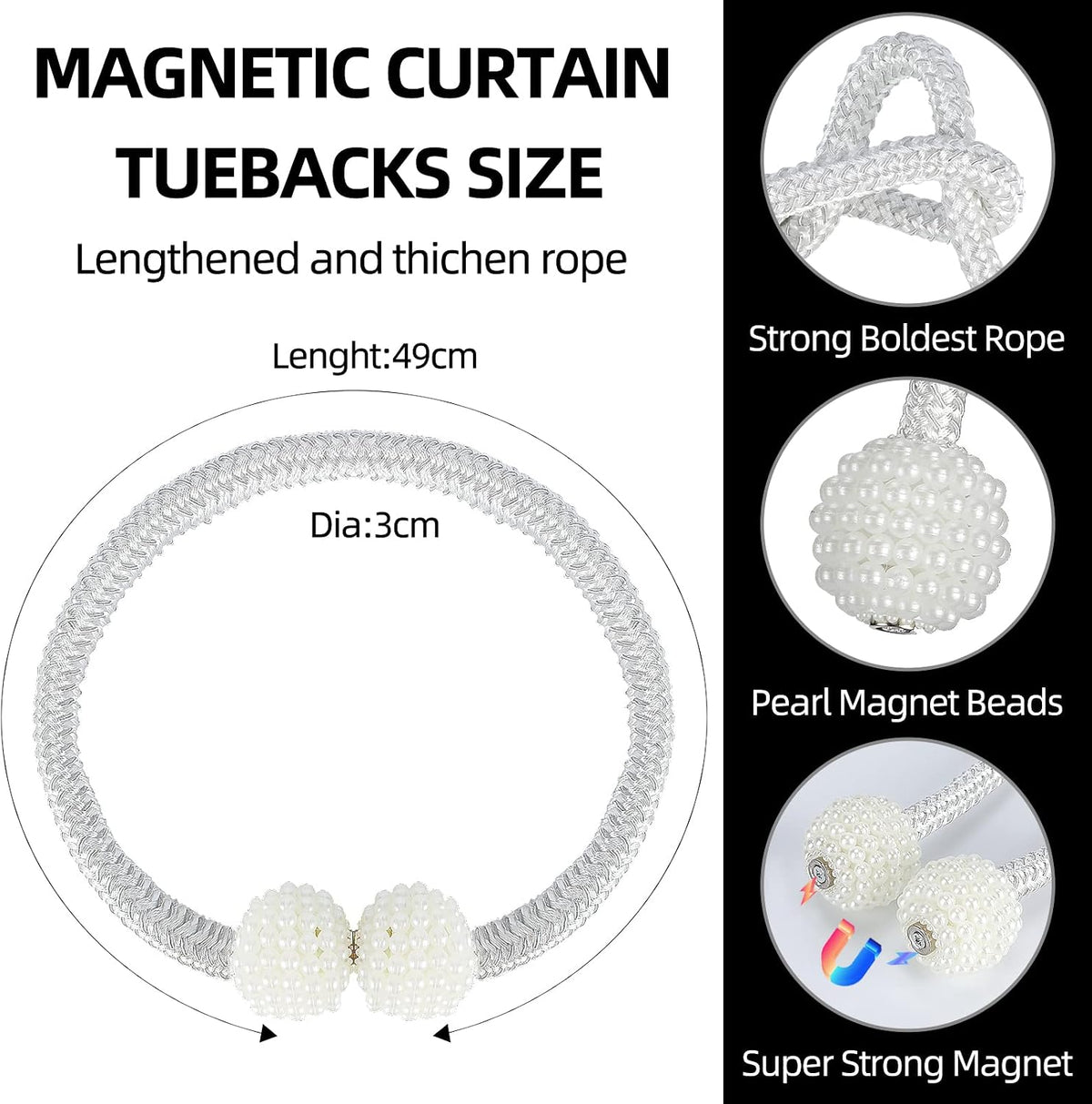 8 Pack Magnetic Curtain Tiebacks with Pearls,Modern Curtain Holdbacks Strap