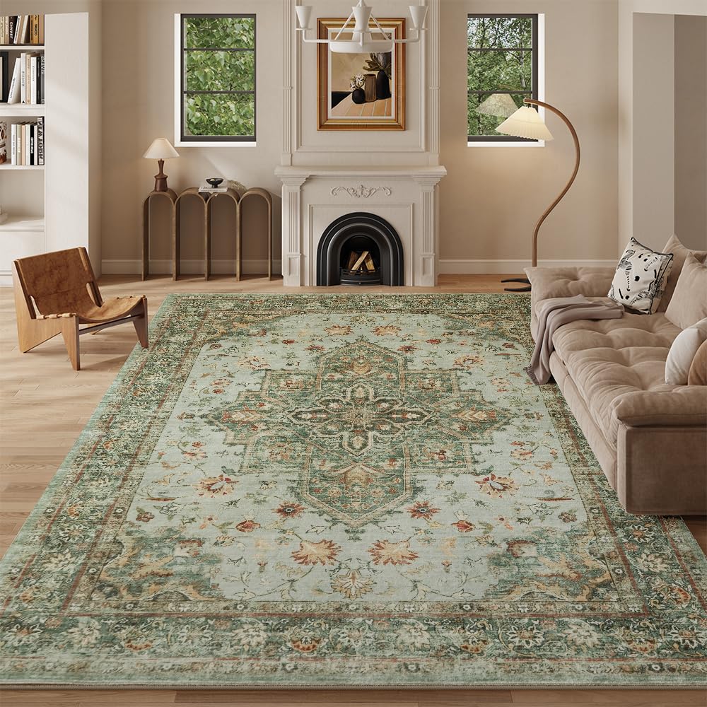 8x10 Reddish Brown Washable Area Rug for Living Room, Vintage Print