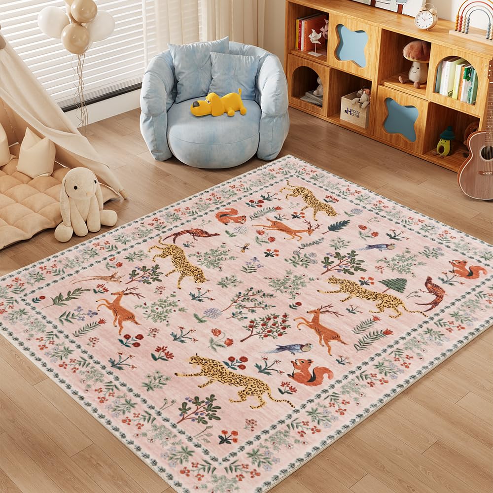 8x10 Reddish Brown Washable Area Rug for Living Room, Vintage Print