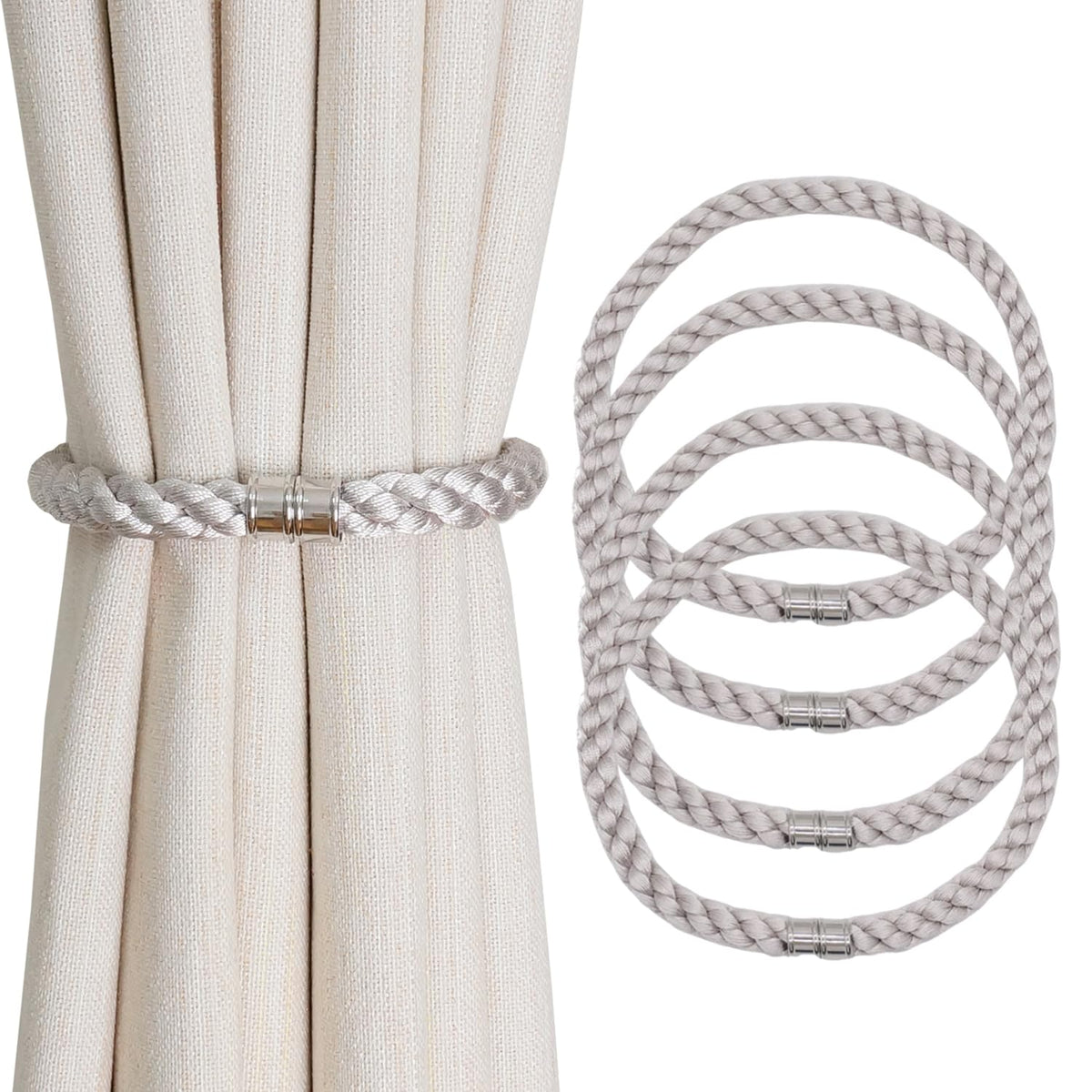 Magnetic Curtain Tiebacks, 2pcs Modern Handmade Rope Curtain Tie Backs Decorative Curtain Holdbacks Holders Cord for Window Sheer Drapes Indoor Outdoor, Grey