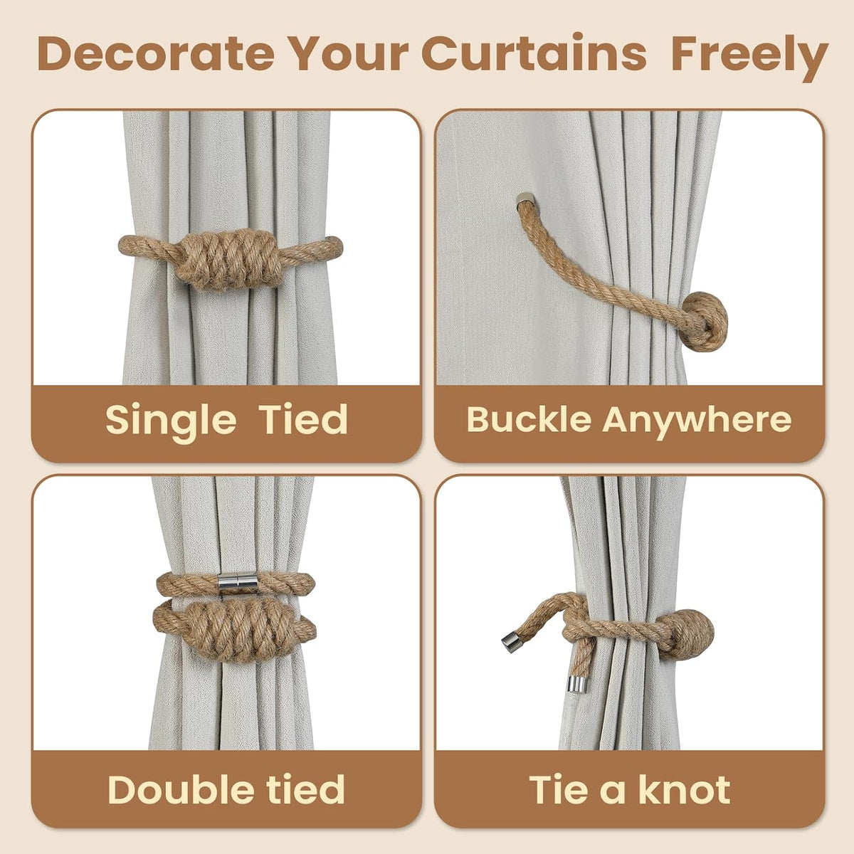 Magnetic Curtain Tiebacks, 2 Pack Jute Curtain Holdbacks, Elegant Hand Weave Rope Knot Curtain Tie Backs, Boho Curtain Tiebacks for Bedroom Room Nursery Decor