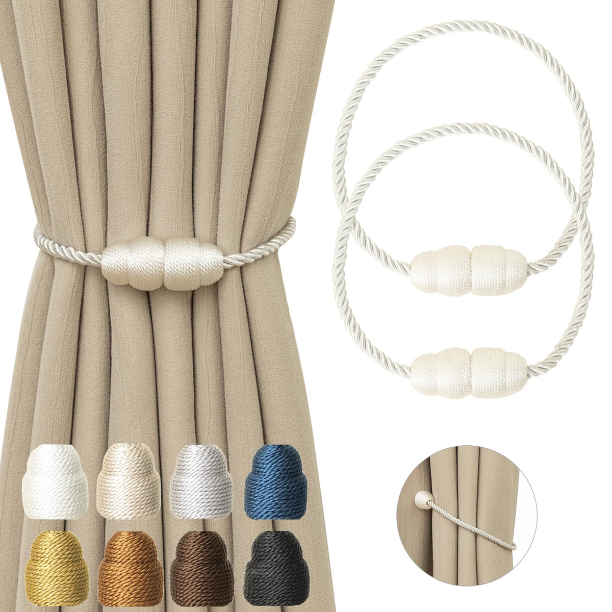 Magnetic Curtain Tiebacks Rope Curtain Tie Backs for Curtains 6 Pack Curtain Holders for Drapes Decorative Window Curtain Holdbacks, Gold