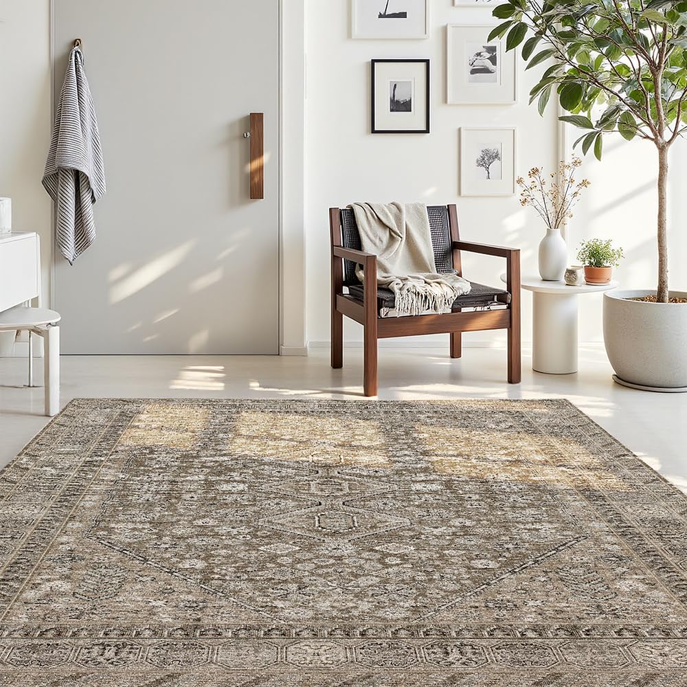 8x10 Reddish Brown Washable Area Rug for Living Room, Vintage Print