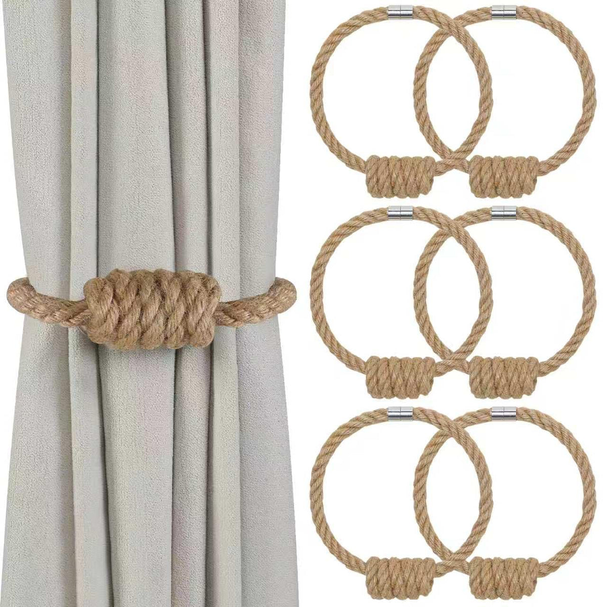 Magnetic Curtain Tiebacks, 2 Pack Jute Curtain Holdbacks, Elegant Hand Weave Rope Knot Curtain Tie Backs, Boho Curtain Tiebacks for Bedroom Room Nursery Decor