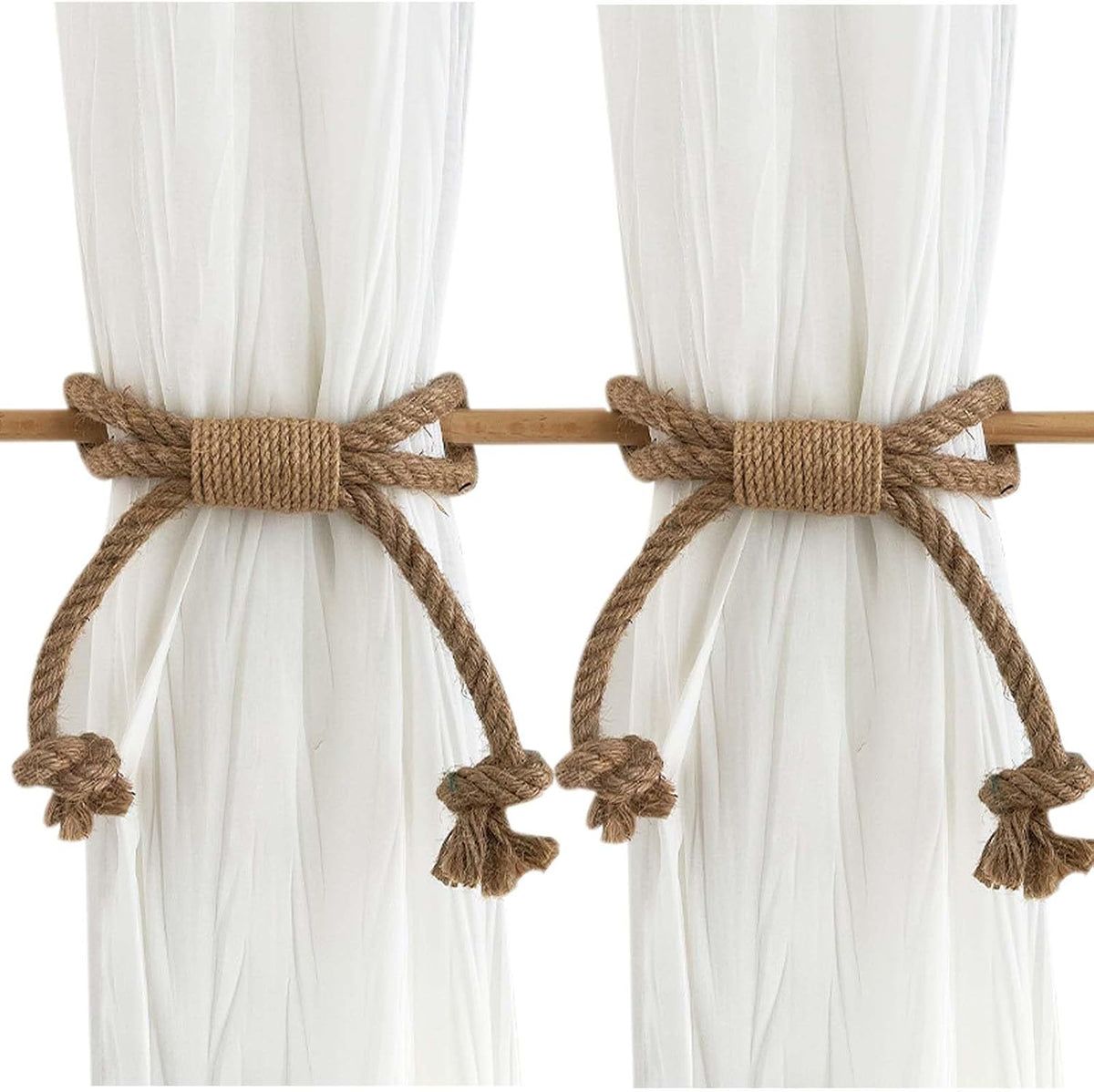 Curtain Tiebacks Rustic Holdbacks for Drapes(2 Pack), Farmhouse Curtain Holdbacks, Jute Rope with Wood Club, Natural Boho Chic Decor Drapery Holder