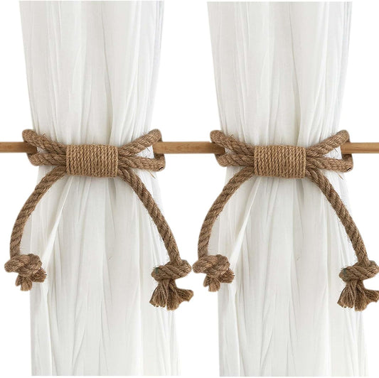 Curtain Tiebacks Rustic Holdbacks for Drapes(2 Pack), Farmhouse Curtain Holdbacks, Jute Rope with Wood Club, Natural Boho Chic Decor Drapery Holder