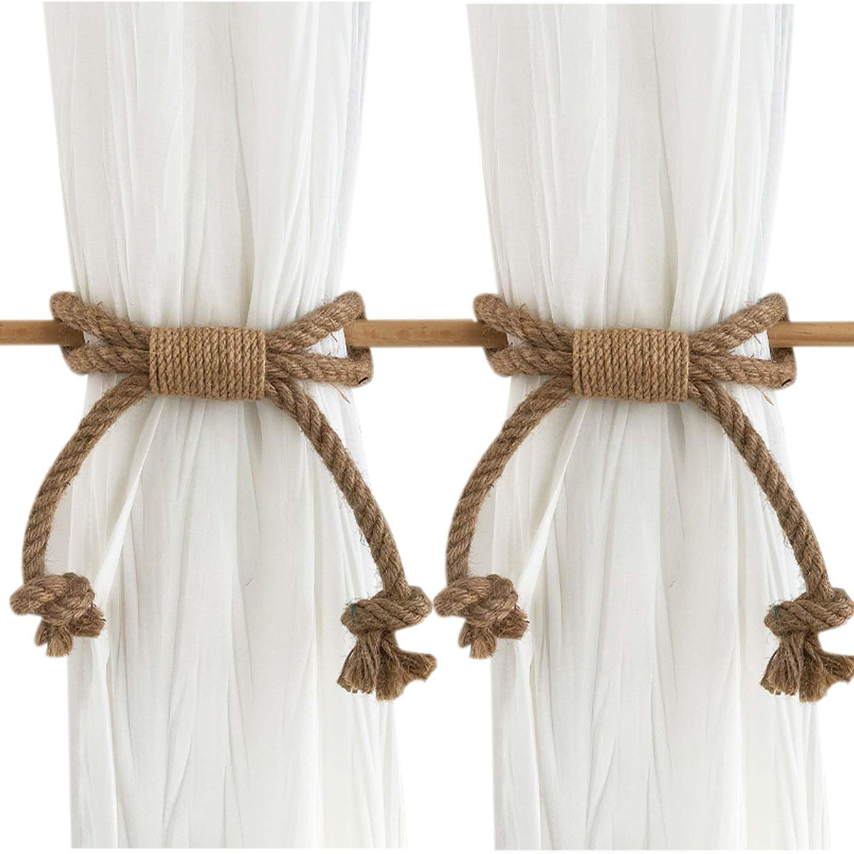 Curtain Tiebacks Rustic Holdbacks for Drapes(2 Pack), Farmhouse Curtain Holdbacks, Jute Rope with Wood Club, Natural Boho Chic Decor Drapery Holder