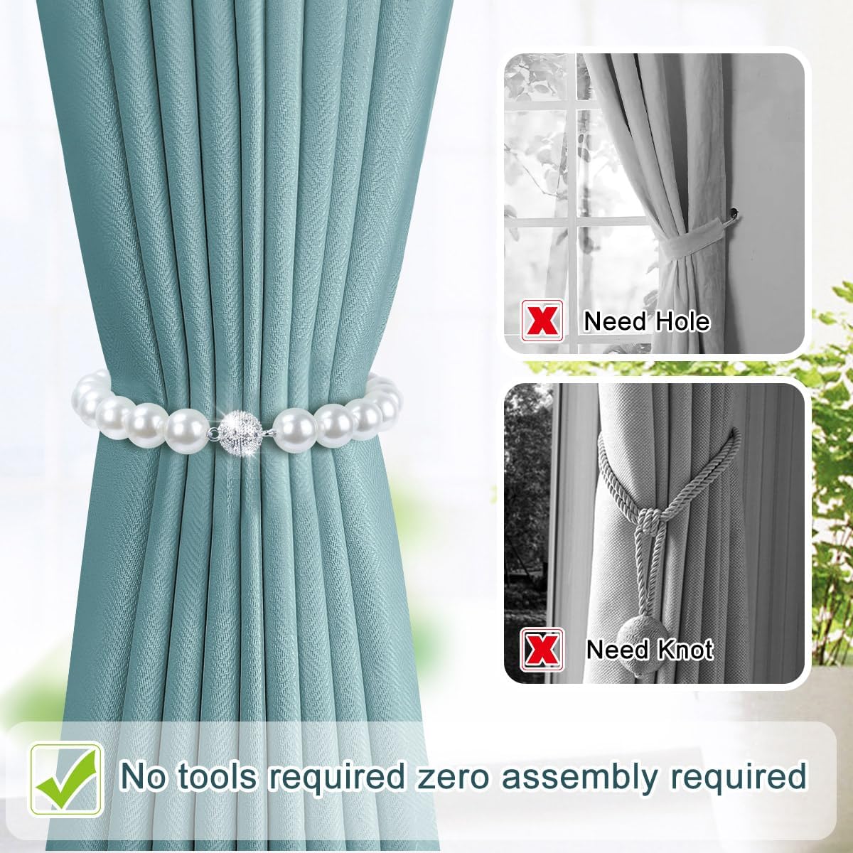 AULEEP Magnetic Curtain Tiebacks Holdbacks Pearl Curtain Holders 2 Pack