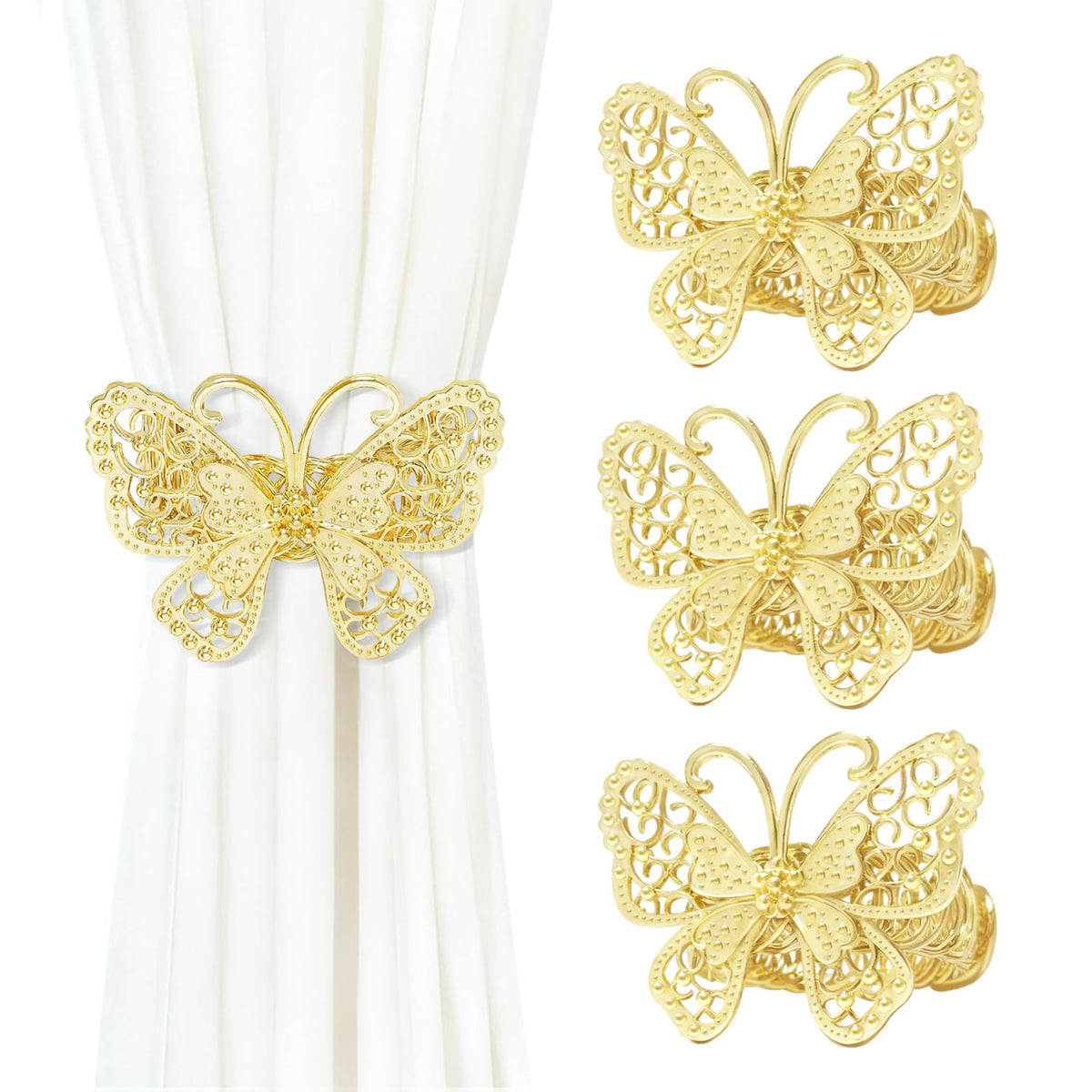 Butterfly Curtain Tiebacks 4 Pack, Gold Metal Curtain Holdbacks, Decorative Boho Curtain Tie Backs for Drapes, Self-Closing Window Curtain Holders for Home Office Cafe Balcony (Silver)
