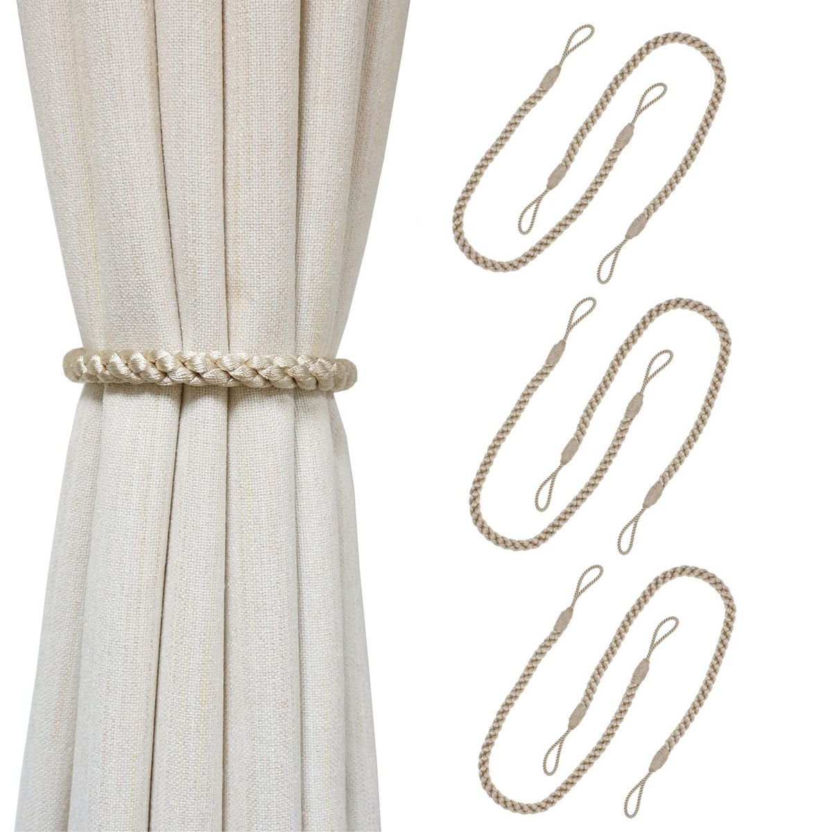 Curtain Tiebacks Ropes, 2pcs Decorative Handmade Tie Backs Curtain Holdbacks Holders Cord for Window Sheer Drapes Indoor Outdoor, Grey