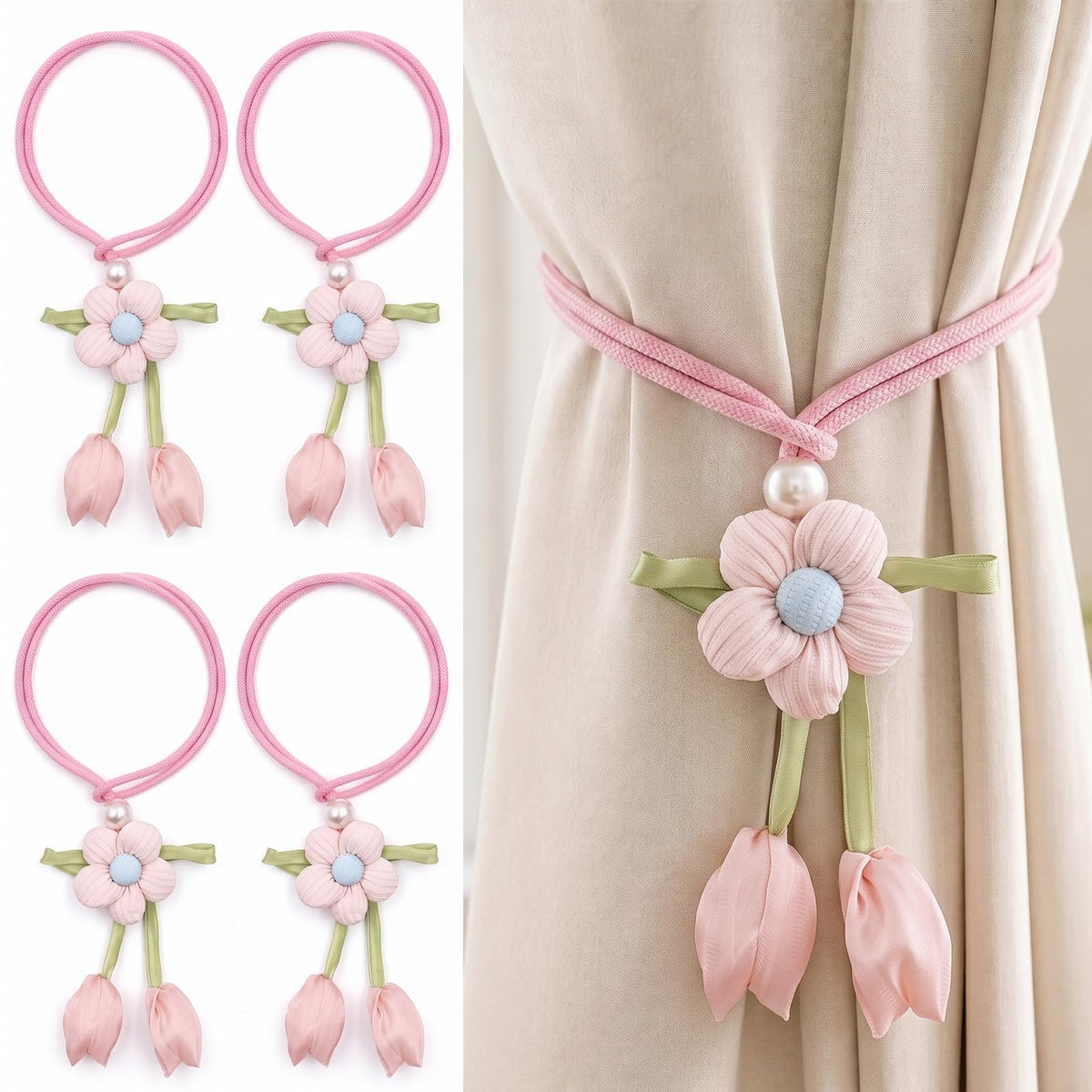 Adjustable Curtain Tiebacks， 4-Pack Hand-Woven Rope with Silk Flower & Pearl， Decorative Window Cord Holders for Drapery， Long Loop Design for All Curtain Thickness (Purple)