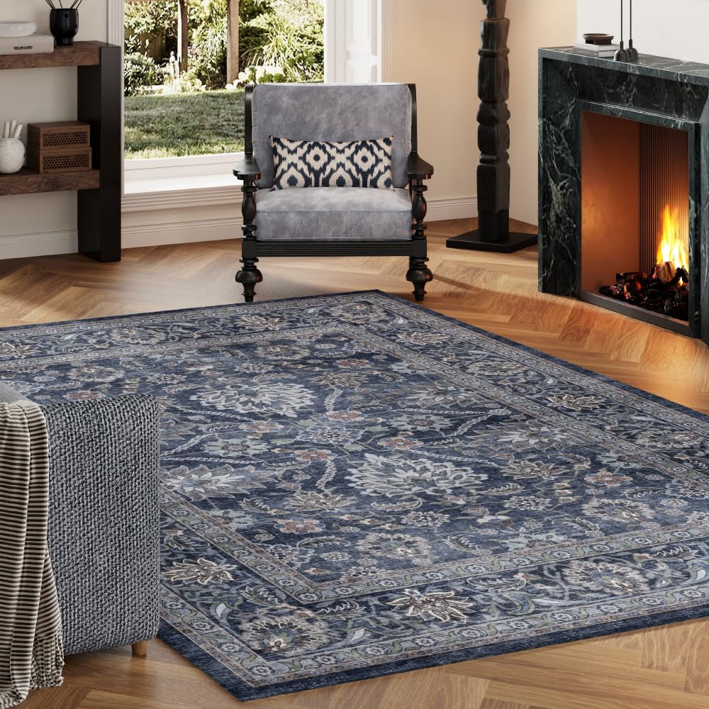 8x10 Reddish Brown Washable Area Rug for Living Room, Vintage Print