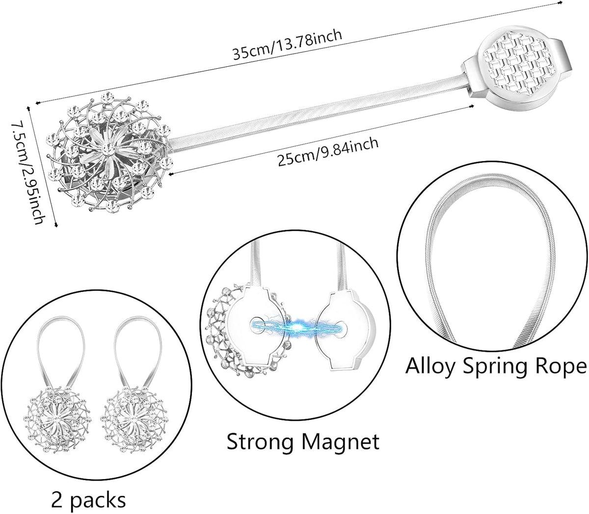 Magnetic Curtain Tiebacks 2 Pack, Silver Crystal Flower No-Drill Curtain Holdbacks with Flexible Spring Wire for Living Room Bedroom Window Decor