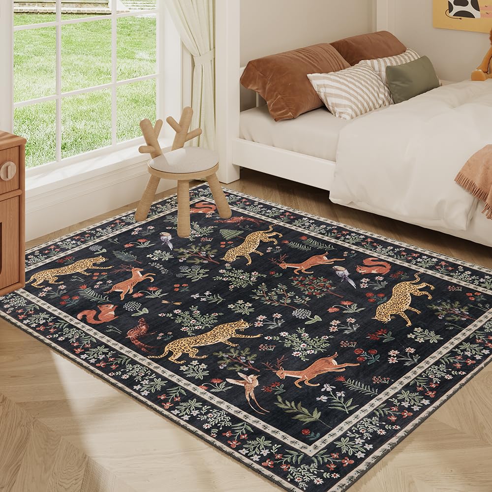8x10 Reddish Brown Washable Area Rug for Living Room, Vintage Print