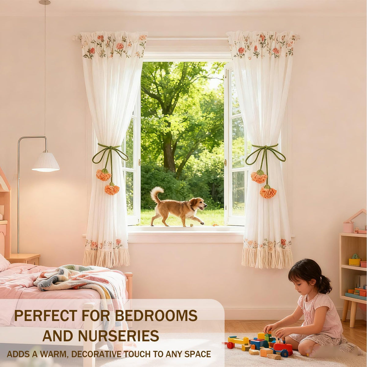 Handmade Curtains Tiebacks, Boho Flower Curtain Tie Backs Curtain Holder Tie Backs for Curtains Braided,Cute Flower Curtain Ties Decorative Rope for Bedroom Window Treatment (Orange)