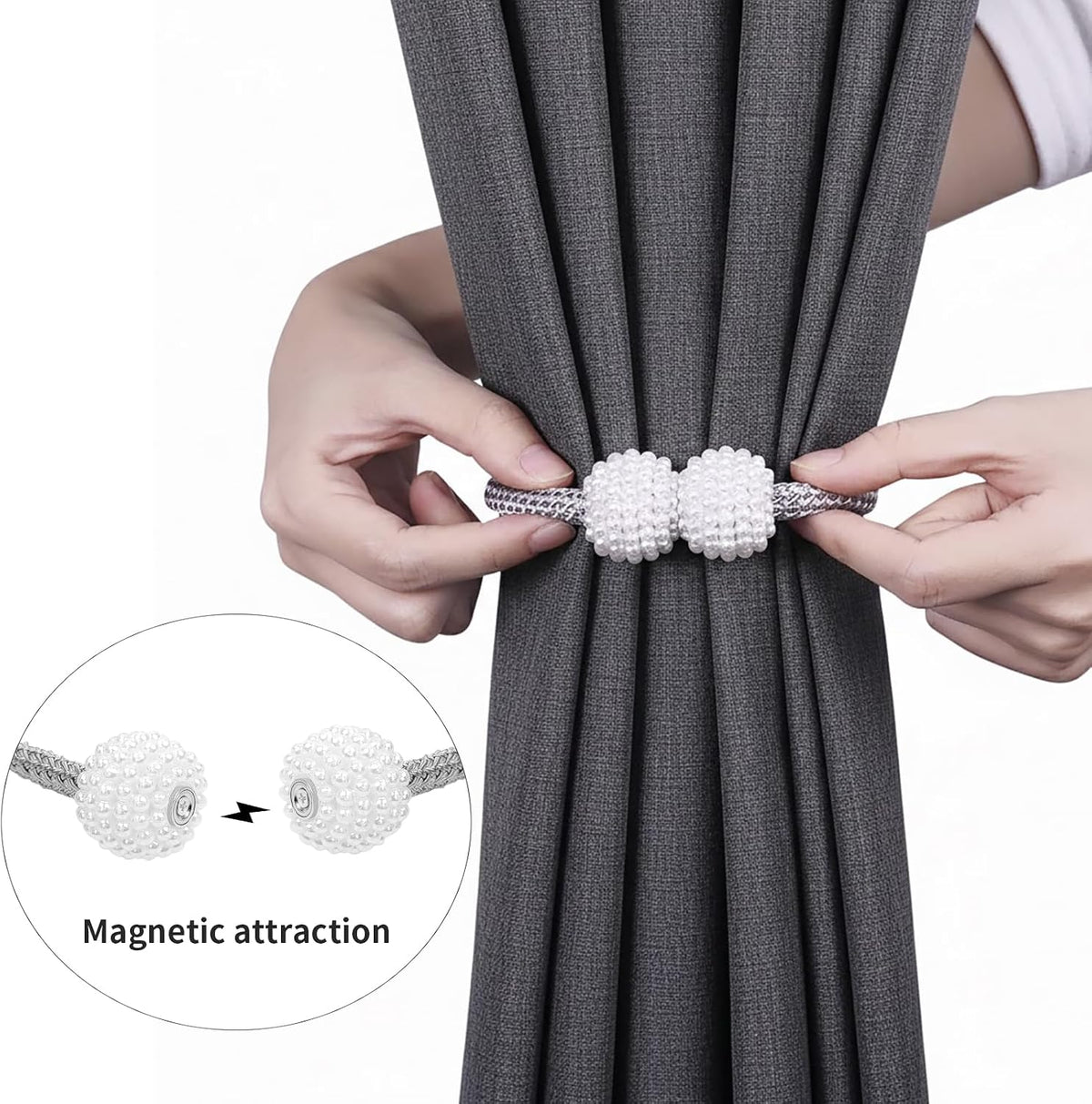 6 Pack Grey Magnetic Curtain Tiebacks with Decorative Pearl, 18.9 inch Curtain Holdbacks for Drapes, Strong Magnet Curtain Holders for Window Treatments, Home and Office Decor