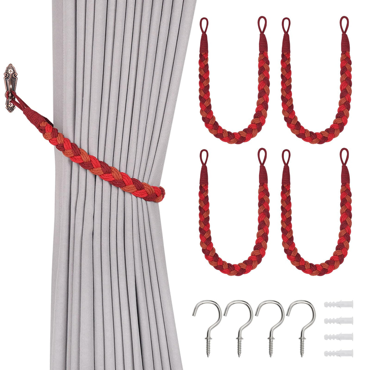NICEEC 2 Pack Natural Cotton Rope Curtain Tiebacks Elegant Boho Style Decorative Drape Tie Backs Soft Hand-Woven Rope Curtain Holdbacks with Metal Hook for Home & Office Drapery (Coffee)