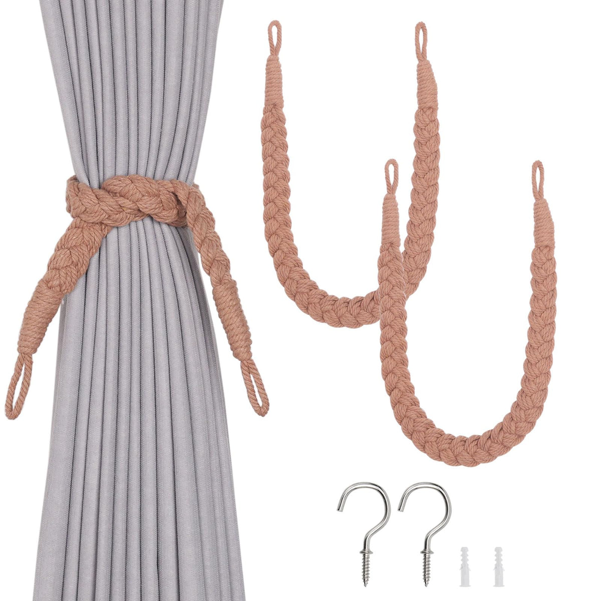 NICEEC 2 Pack Natural Cotton Rope Curtain Tiebacks Elegant Boho Style Decorative Drape Tie Backs Soft Hand-Woven Rope Curtain Holdbacks with Metal Hook for Home & Office Drapery (Coffee)