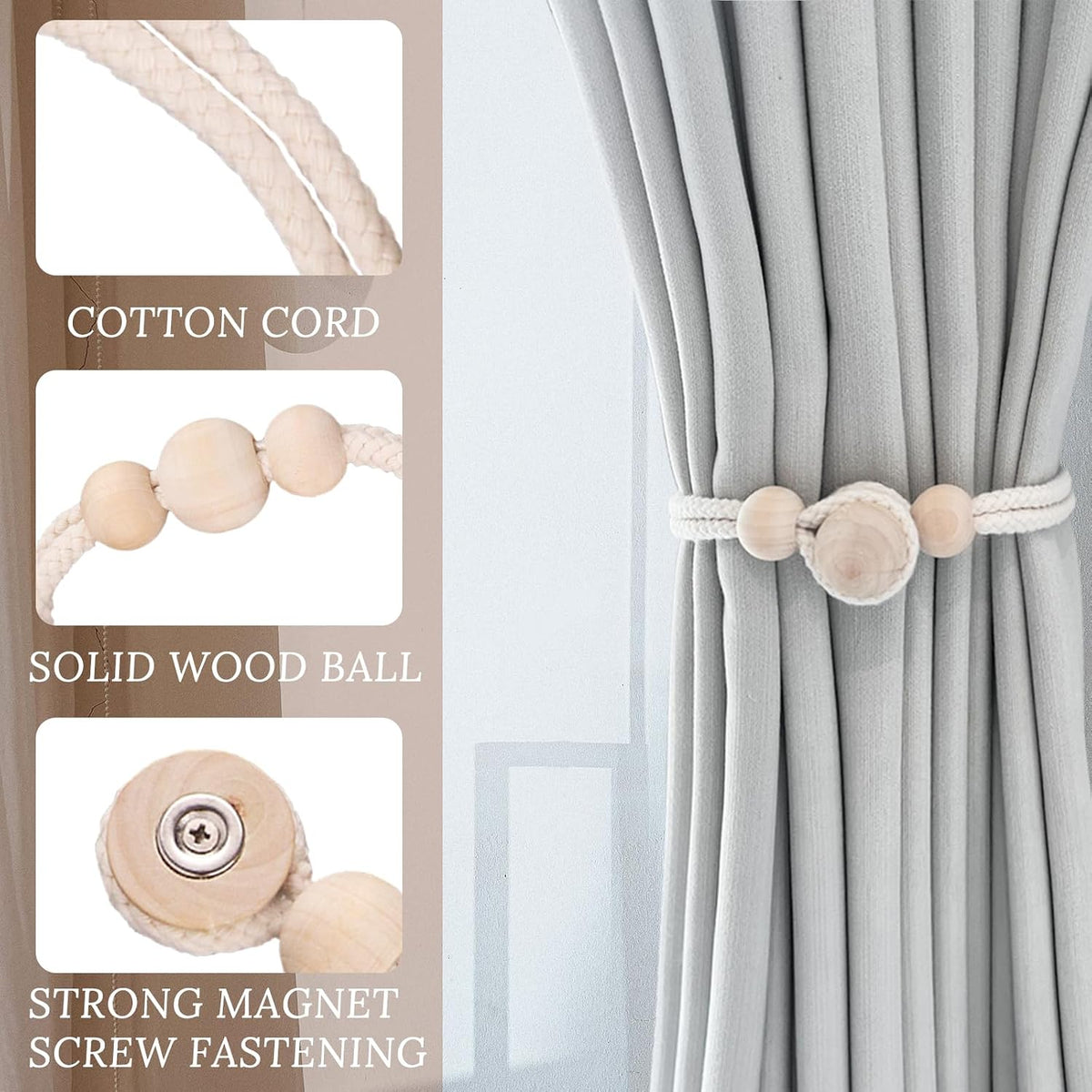 ZUFECY Wooden Magnetic Curtain Tiebacks (2-Pack) - 18.5in Adjustable Triple Bead Holdbacks for Boho Farmhouse Decor | Organic Wood Rustic Home Accessories