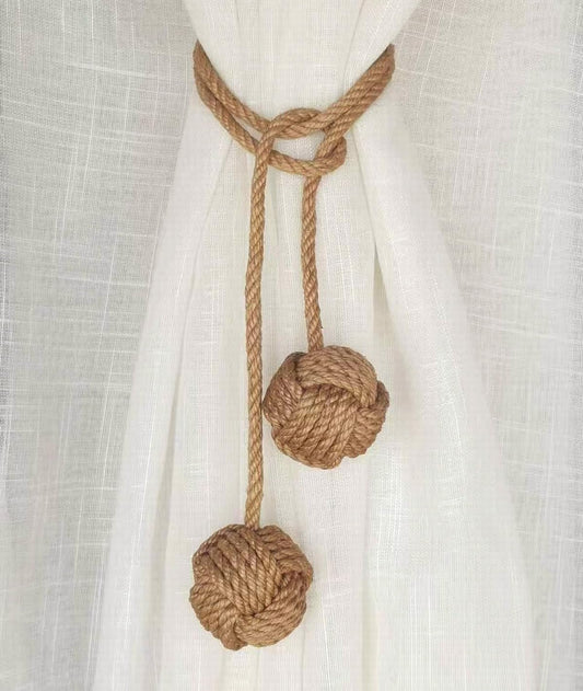 Natural Jute Rope Curtain Tiebacks, 4 Pack Handmade Adjustable Curtain Holdbacks for Thin to Thick Curtains，Decorative Curtain Tie Backs for Draperies, Boho Farmhouse Outdoor Style No Drill for Home