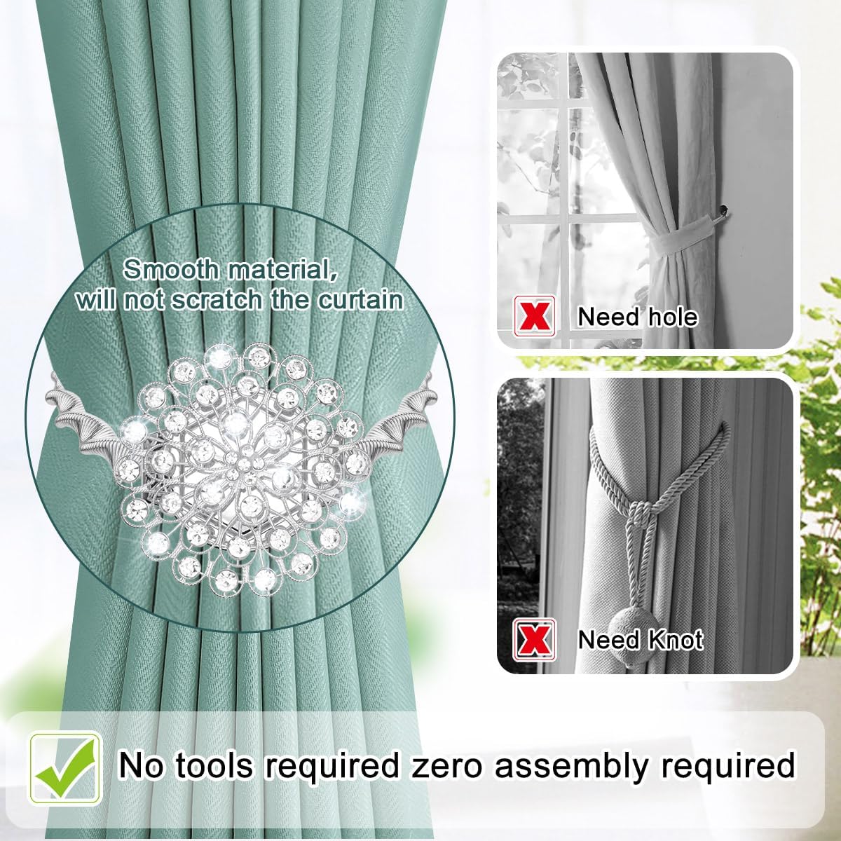 AULEEP Magnetic Curtain Tiebacks Crystal Curtain Ties Holdbacks, 4 Pack