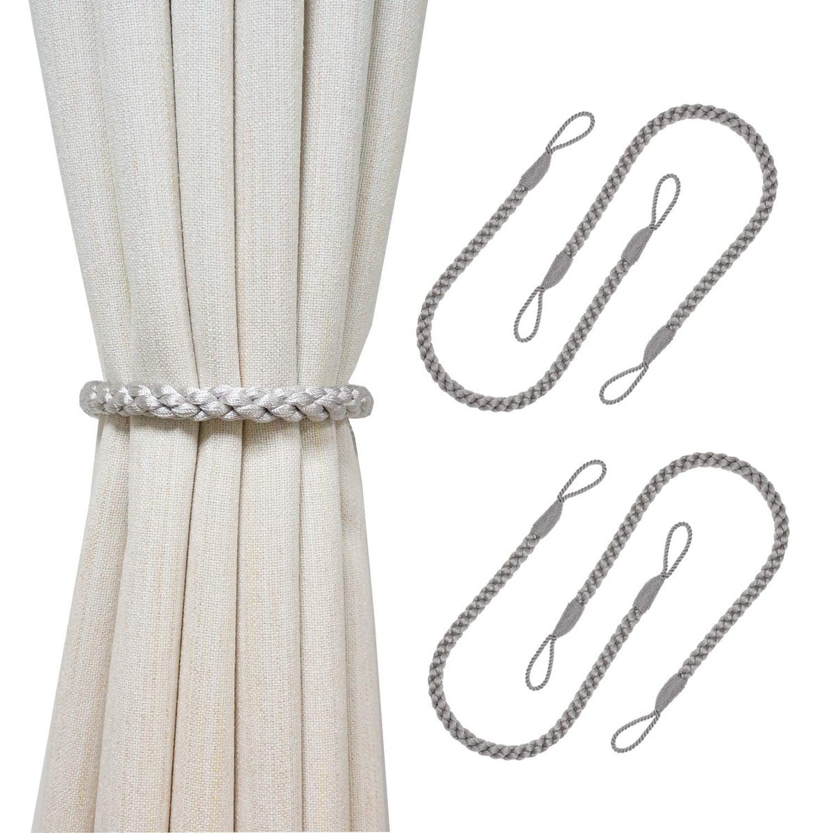 Curtain Tiebacks Ropes, 2pcs Decorative Handmade Tie Backs Curtain Holdbacks Holders Cord for Window Sheer Drapes Indoor Outdoor, Grey