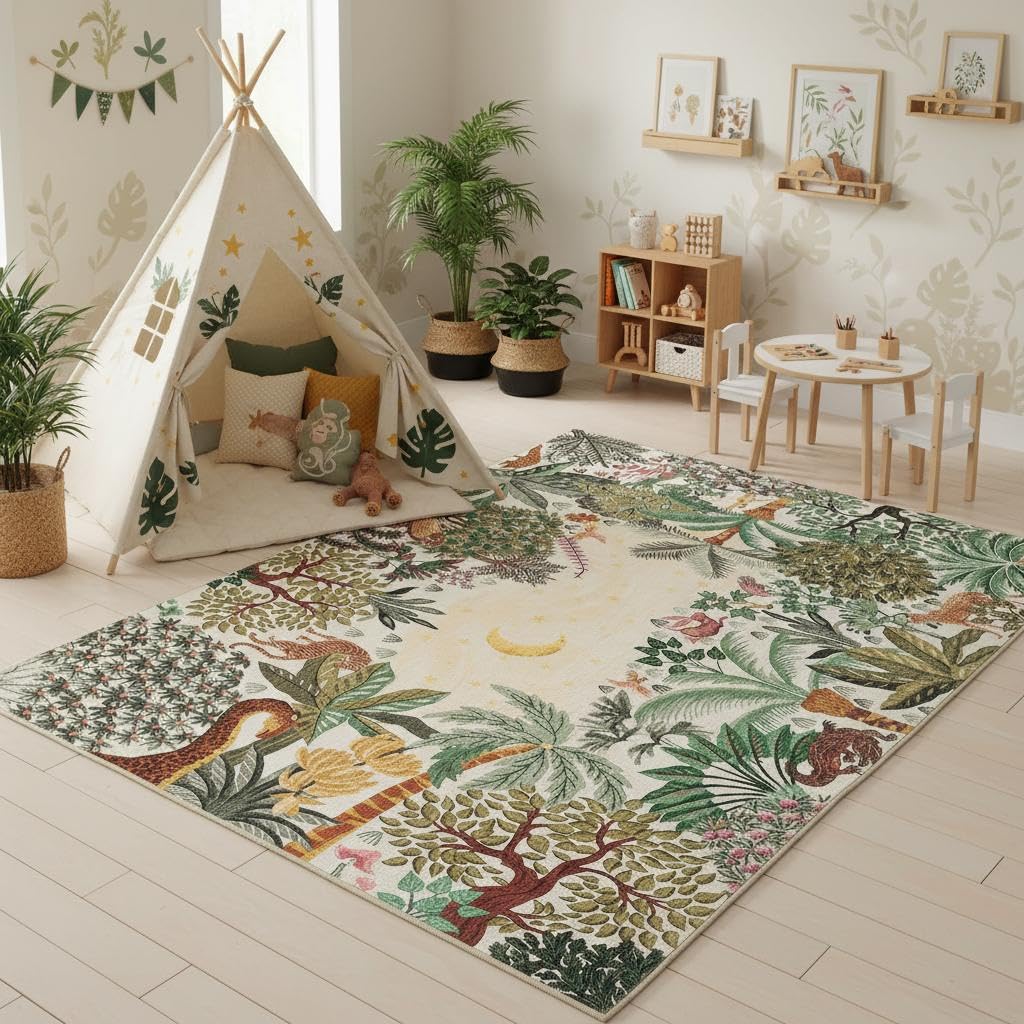 GarveeHome 5x7 Jungle Area Rug Washable Rugs for Living Room Bedroom, Soft Low Pile Non Slip Accent Floor Mat Animal Print Throw Rug Indoor Carpet Dining Room Playroom
