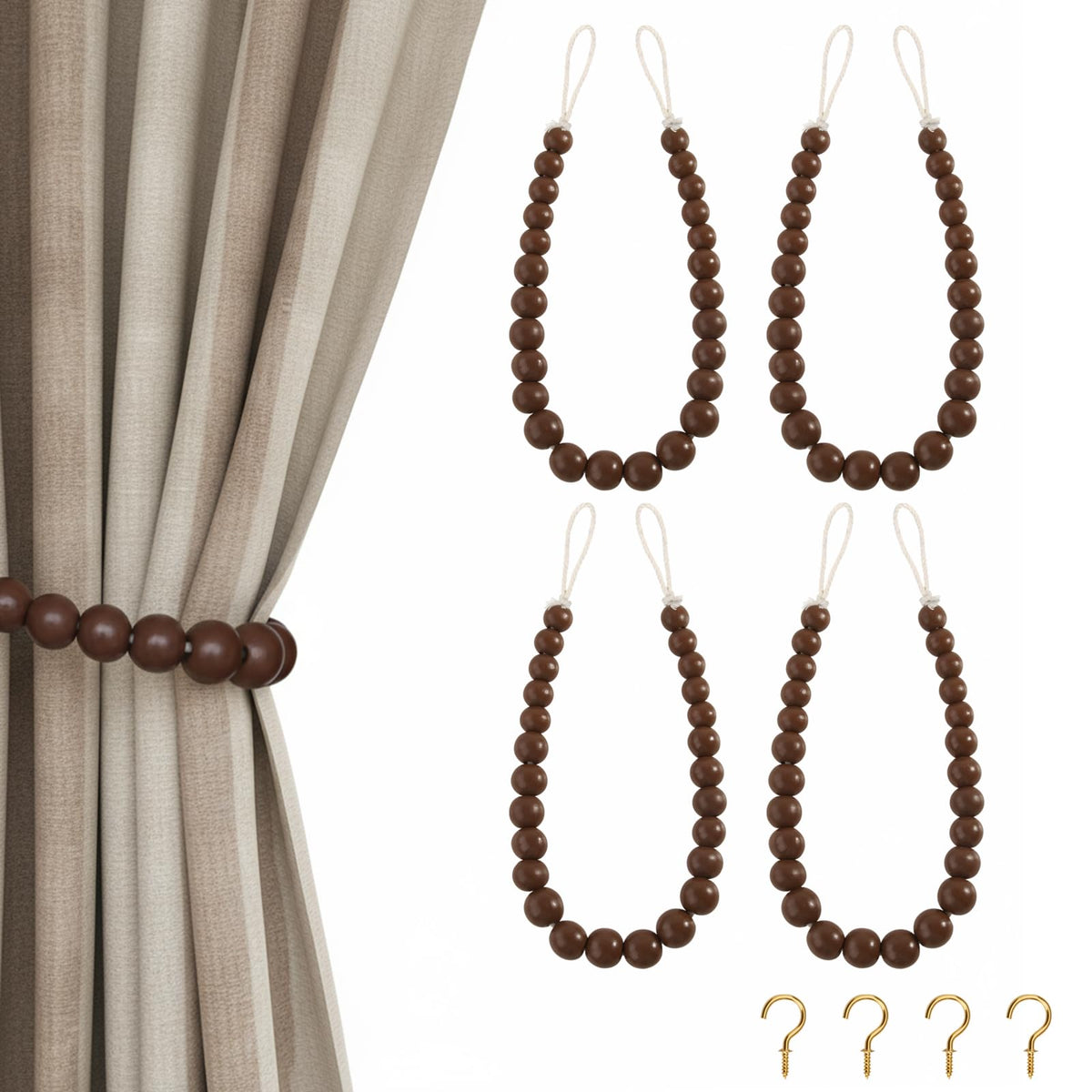 Hion 2-Pack Curtain Tiebacks,Curtain Holdbacks,Boho Wood Bead Tie Backs
