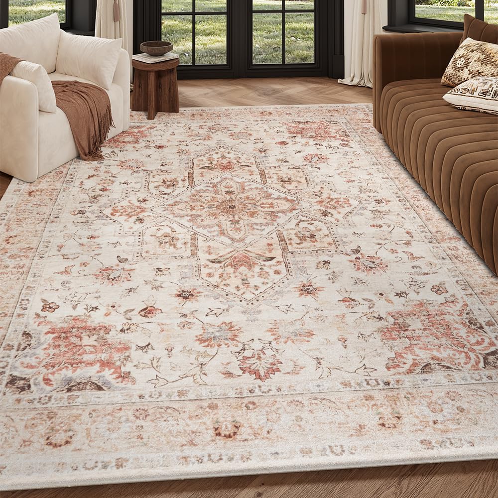 8x10 Reddish Brown Washable Area Rug for Living Room, Vintage Print