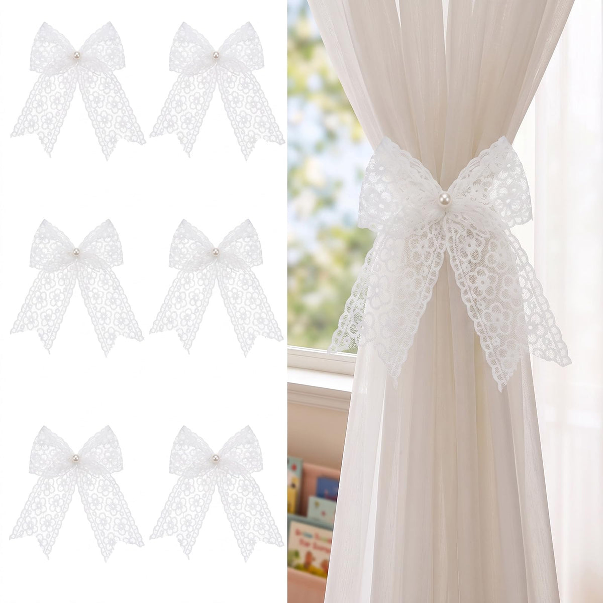 White Lace Bow Curtain Tiebacks 6-Pack, Vine Floral Curtain Holdbacks