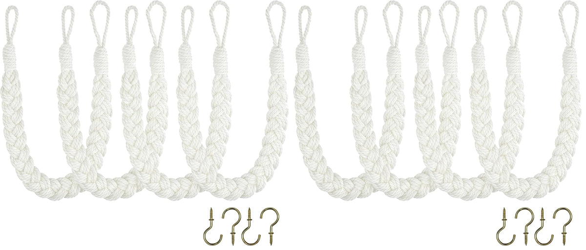 Home Queen Hand Braided Curtain Tieback, Buckle Holdback Drapery Curtain Tie Back, 2 Rope Cotton Belt Curtain Tie with 2 Metal Hooks, White
