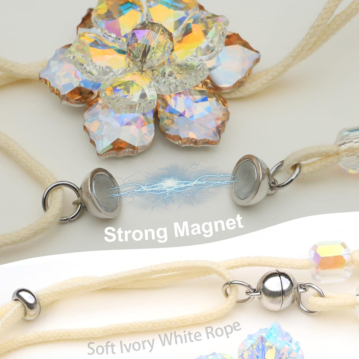 Magnetic Curtain Tiebacks, Crystal Flower Adjustable Rope Curtain Tie Backs, 2 Pack Boho Farmhouse Drapes Sheers Holdbacks for Window Home Decor (Gold)