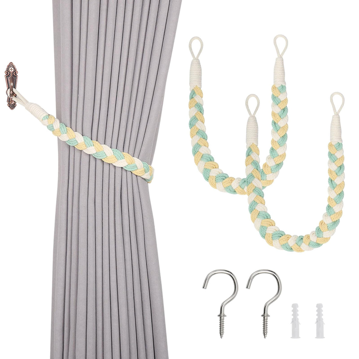 NICEEC 2 Pack Natural Cotton Rope Curtain Tiebacks Elegant Boho Style Decorative Drape Tie Backs Soft Hand-Woven Rope Curtain Holdbacks with Metal Hook for Home & Office Drapery (Coffee)