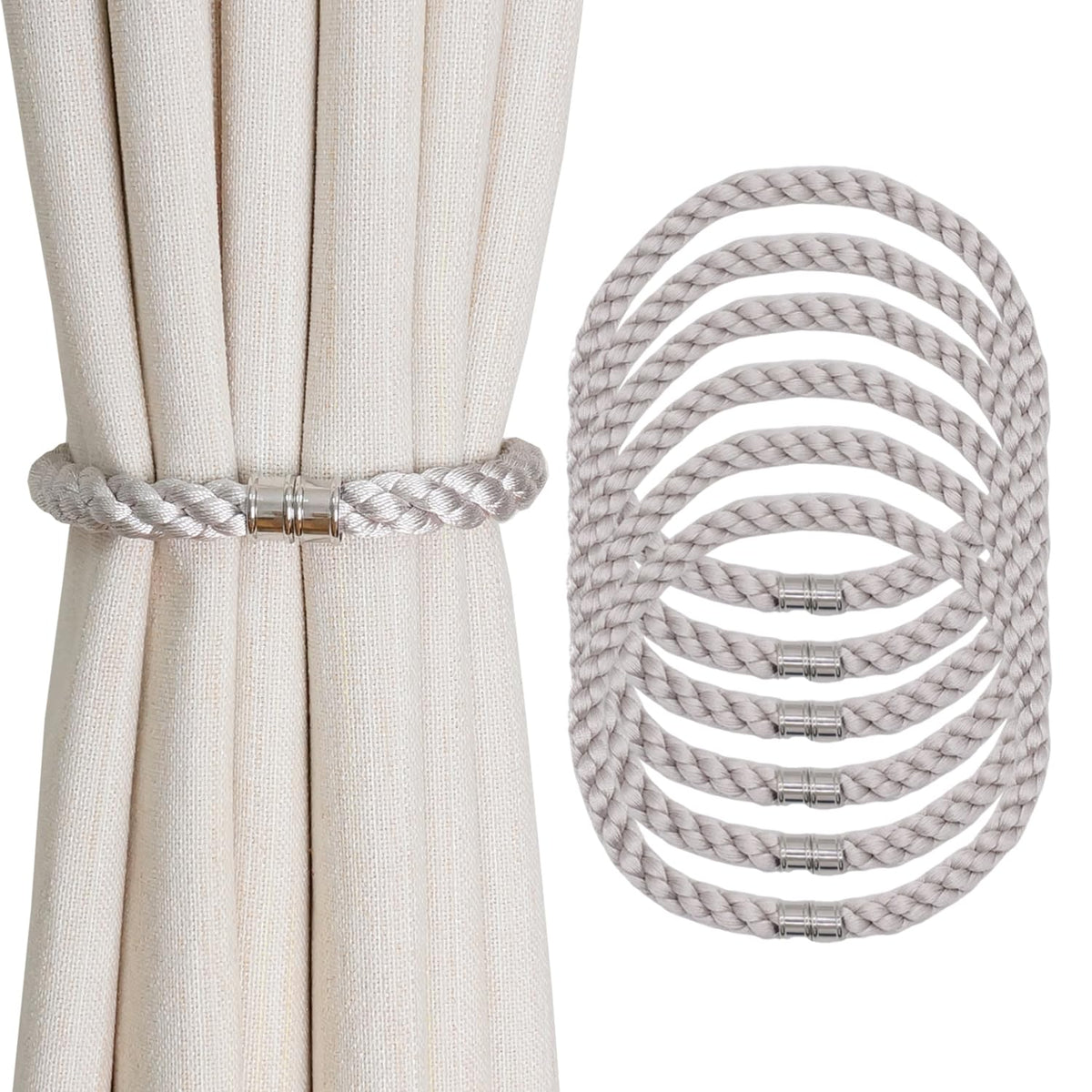 Magnetic Curtain Tiebacks, 2pcs Modern Handmade Rope Curtain Tie Backs Decorative Curtain Holdbacks Holders Cord for Window Sheer Drapes Indoor Outdoor, Grey