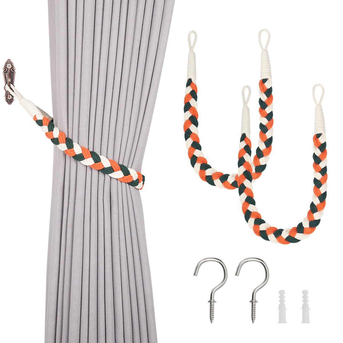 NICEEC 2 Pack Natural Cotton Rope Curtain Tiebacks Elegant Boho Style Decorative Drape Tie Backs Soft Hand-Woven Rope Curtain Holdbacks with Metal Hook for Home & Office Drapery (Coffee)