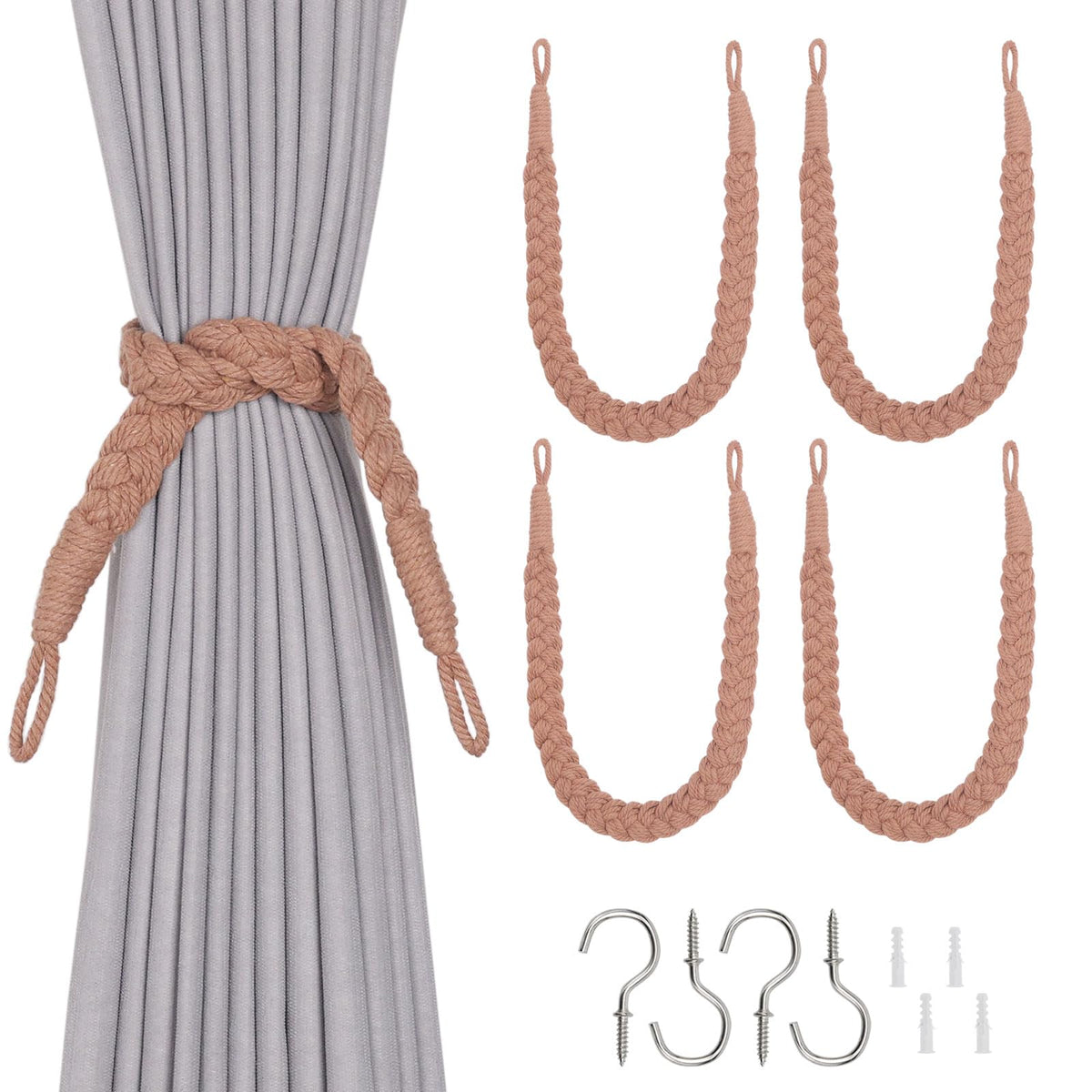 NICEEC 2 Pack Natural Cotton Rope Curtain Tiebacks Elegant Boho Style Decorative Drape Tie Backs Soft Hand-Woven Rope Curtain Holdbacks with Metal Hook for Home & Office Drapery (Coffee)