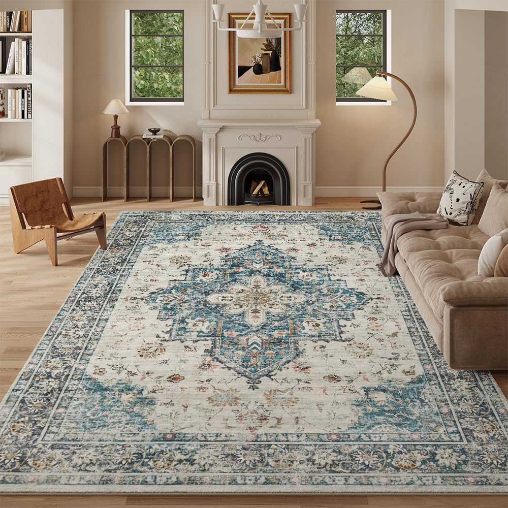 8x10 Reddish Brown Washable Area Rug for Living Room, Vintage Print