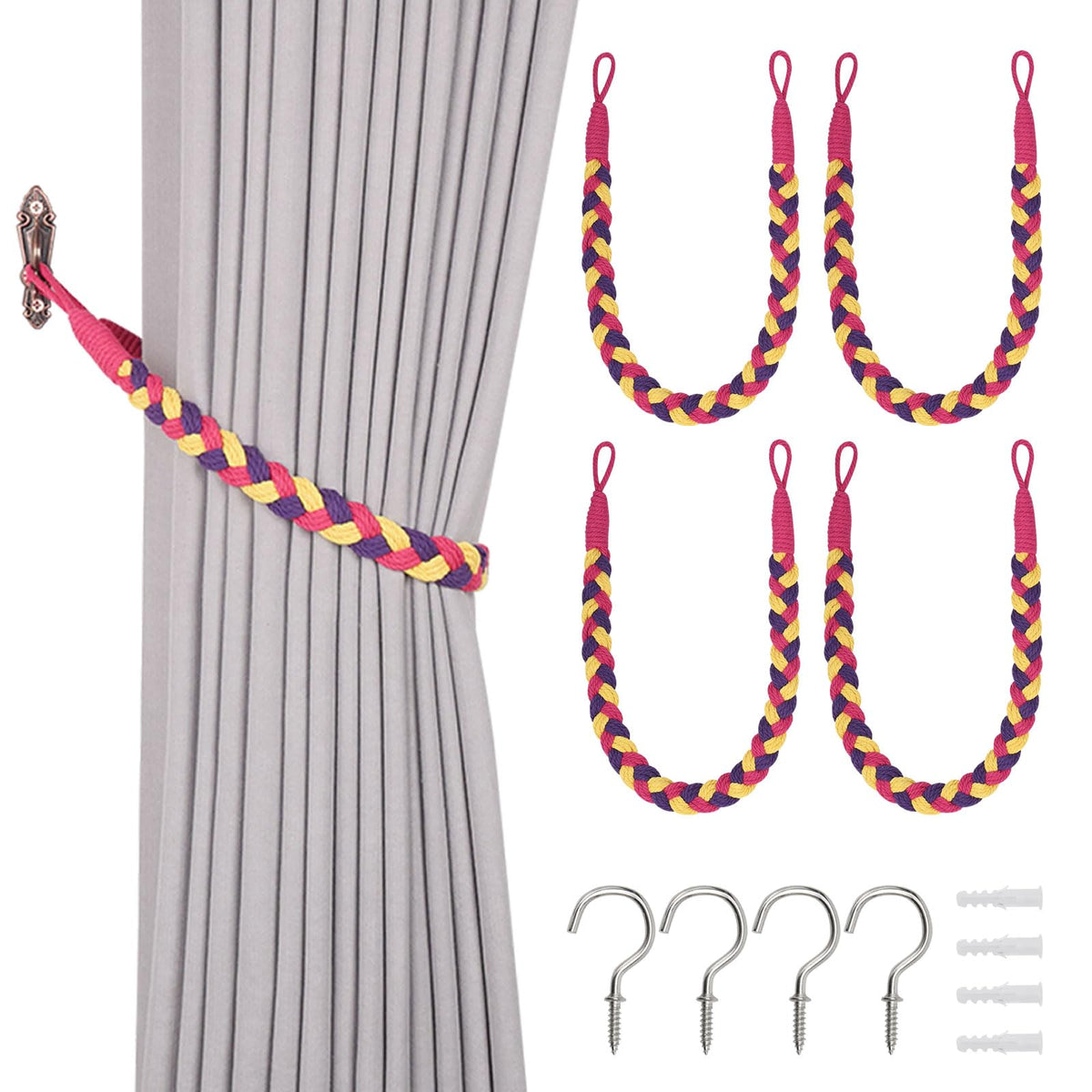NICEEC 2 Pack Natural Cotton Rope Curtain Tiebacks Elegant Boho Style Decorative Drape Tie Backs Soft Hand-Woven Rope Curtain Holdbacks with Metal Hook for Home & Office Drapery (Coffee)