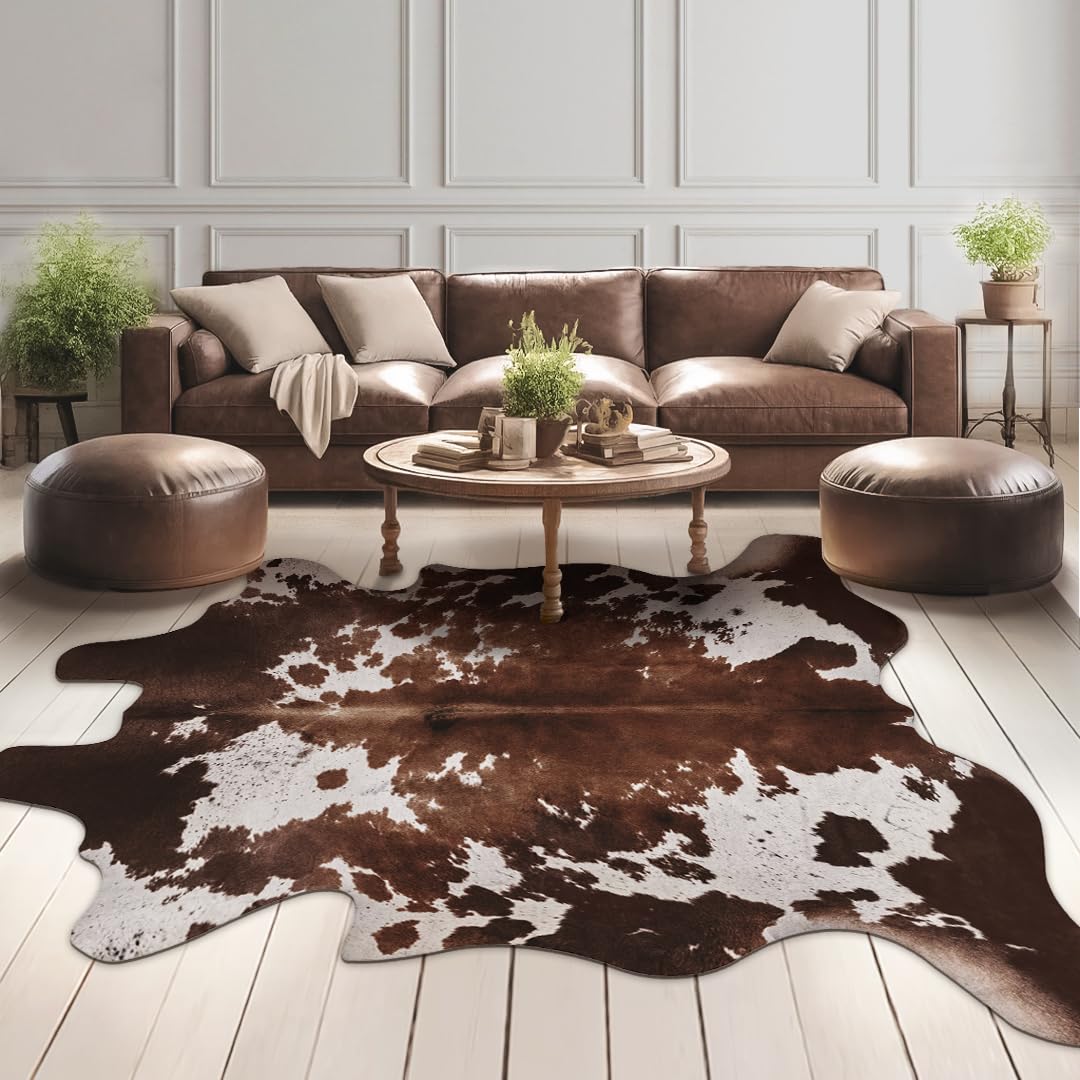 Faux Cowhide Cow Print Rug, Animal Hide Western Decor, 4.6 x 5.2 Feet