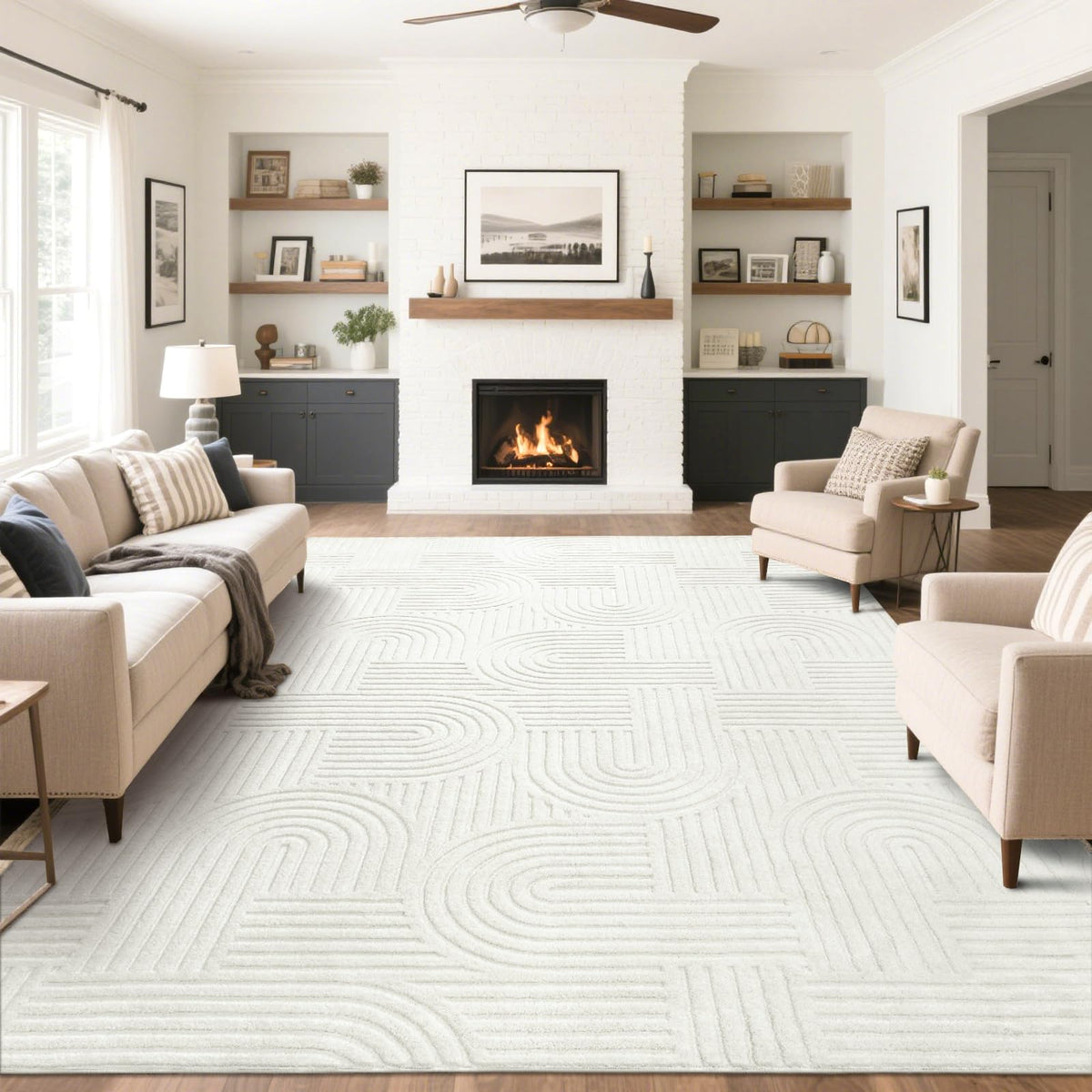 SHACOS Soft Cozy Fluffy Arch Pattern High-Low Pile Textured Area Rug 5'3"x7'3" Non Slip Washable Modern Geometric Rug Stain Resistant Contemporary Carpet for Living Room Bedroom Dining Room, Beige