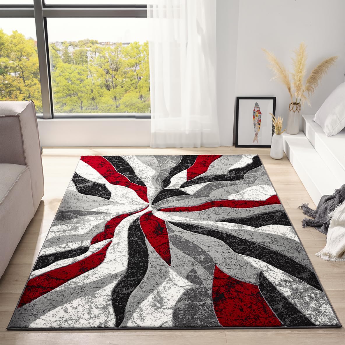 Modern Abstract Area Rug Hand Carved Contemporary Geometric Swirls Vibrant Colors Carpet for Living Room Bedroom Design PR1002 (Grey, 5' x 7')