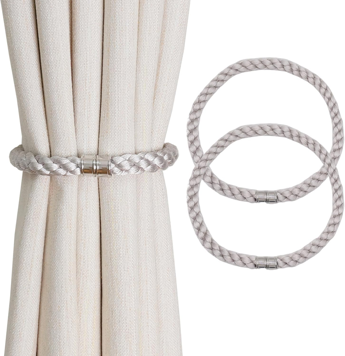 Magnetic Curtain Tiebacks, 2pcs Modern Handmade Rope Curtain Tie Backs Decorative Curtain Holdbacks Holders Cord for Window Sheer Drapes Indoor Outdoor, Grey