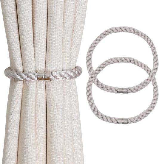 Magnetic Curtain Tiebacks, 2pcs Modern Handmade Rope Curtain Tie Backs Decorative Curtain Holdbacks Holders Cord for Window Sheer Drapes Indoor Outdoor, Grey