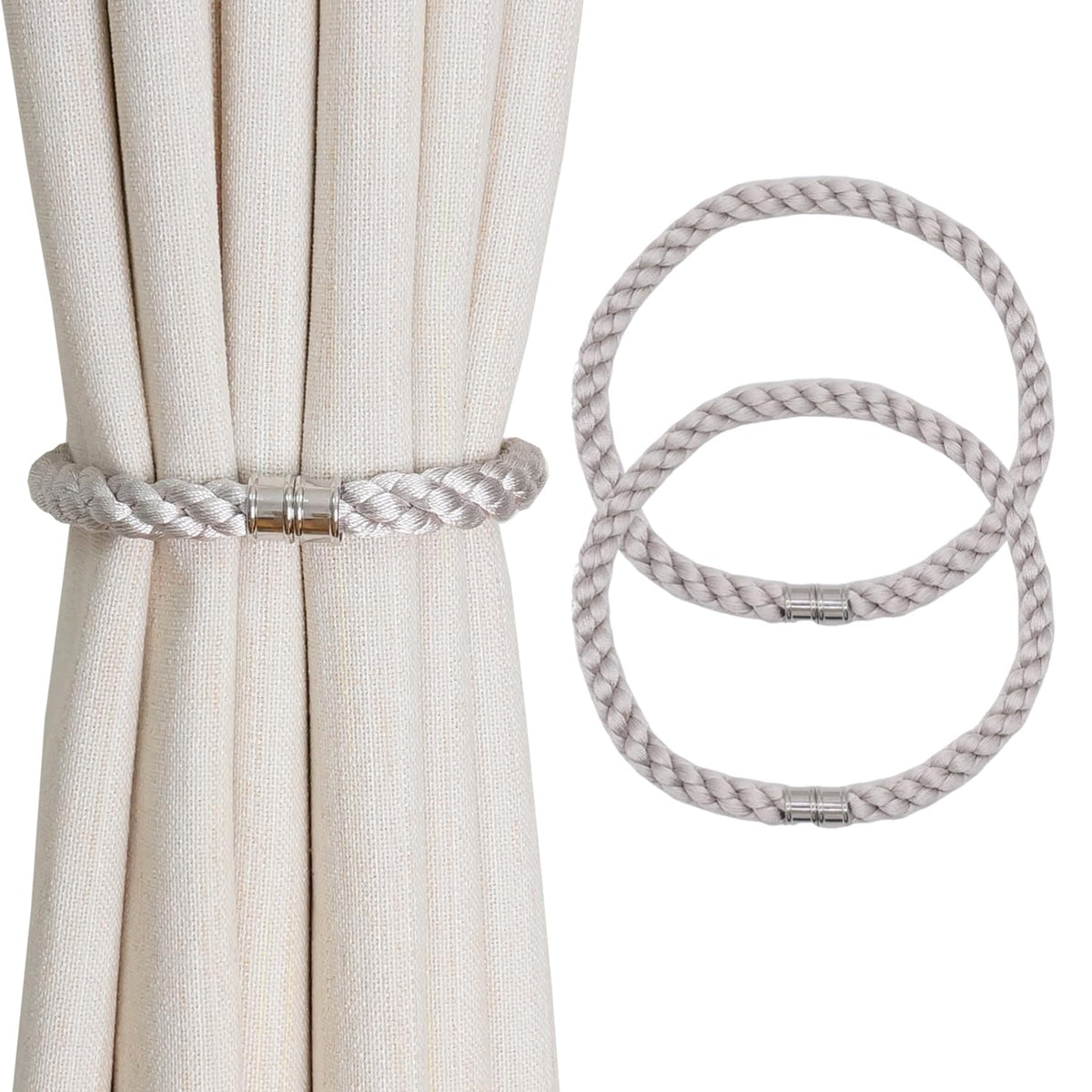 Magnetic Curtain Tiebacks, 2pcs Modern Handmade Rope Curtain Tie Backs Decorative Curtain Holdbacks Holders Cord for Window Sheer Drapes Indoor Outdoor, Grey