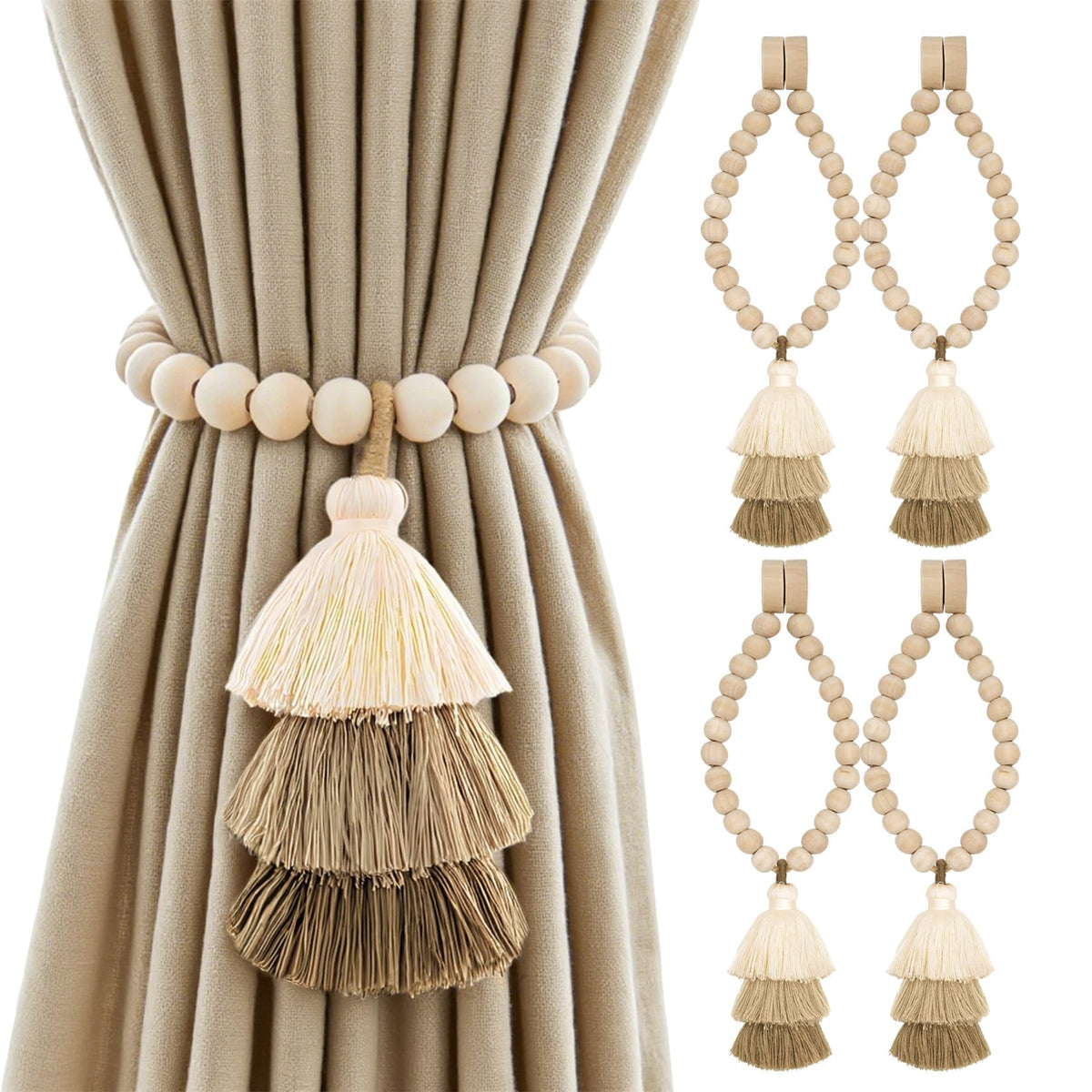 Magnetic Curtain Tiebacks with Wood Beads, Boho Rope Drapery Holdbacks with Triple Tassels, No Drill Curtain Holders for Farmhouse Bedroom, Living Room or Nursery, 2 Pack, Beige Taupe Brown