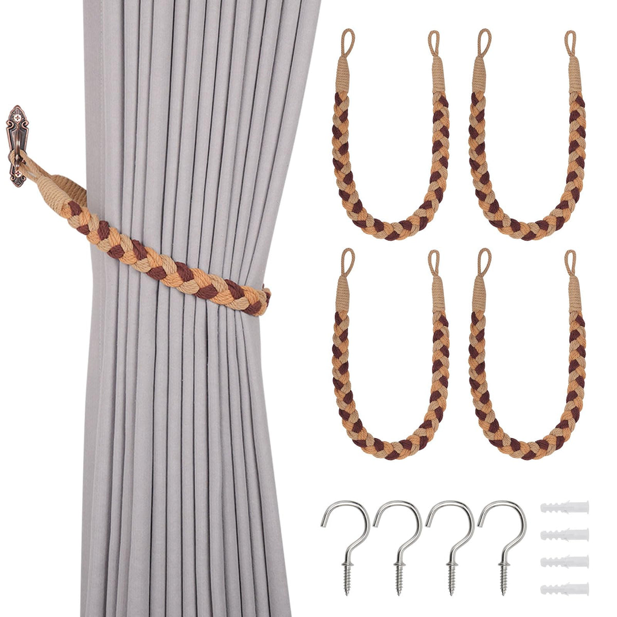 NICEEC 2 Pack Natural Cotton Rope Curtain Tiebacks Elegant Boho Style Decorative Drape Tie Backs Soft Hand-Woven Rope Curtain Holdbacks with Metal Hook for Home & Office Drapery (Coffee)