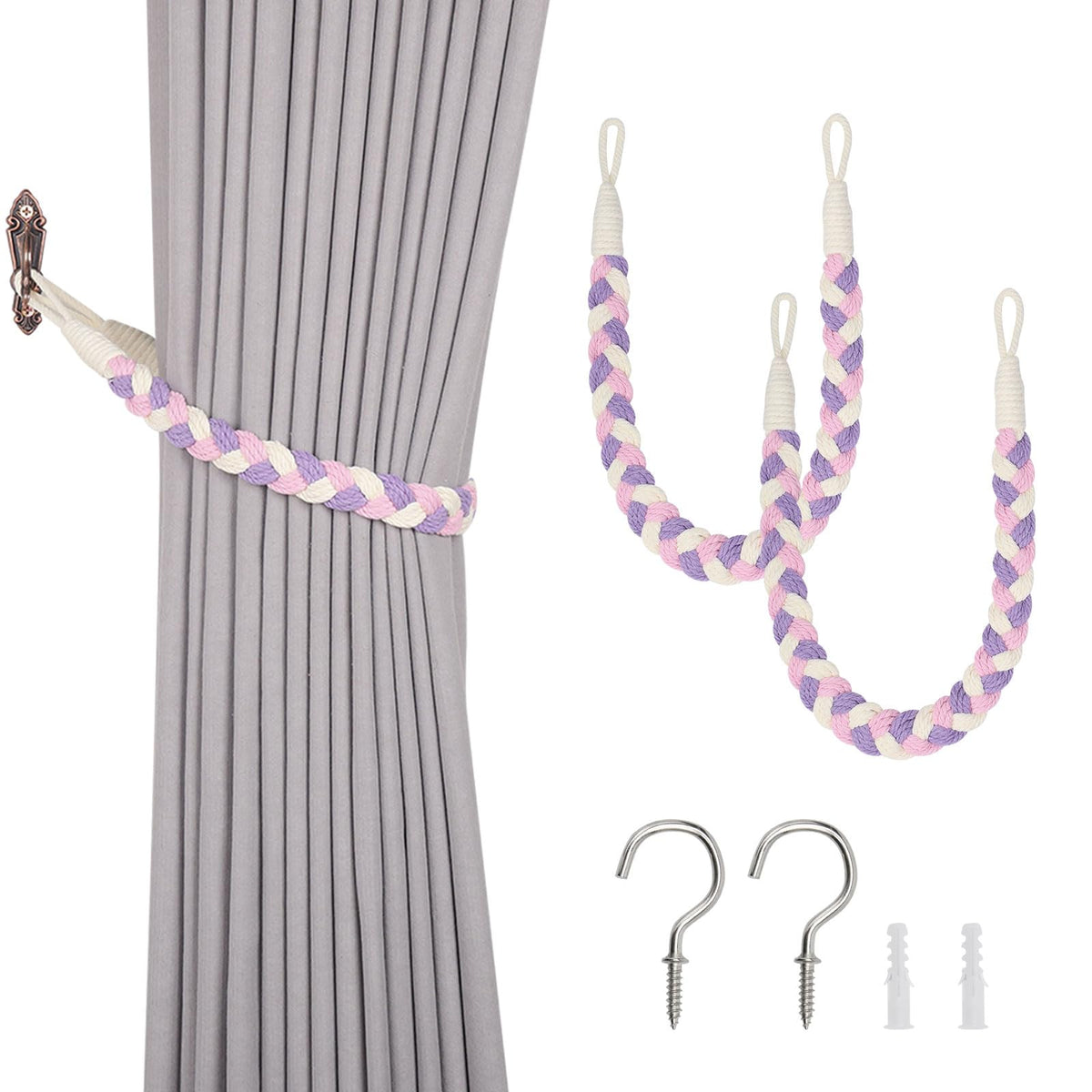 NICEEC 2 Pack Natural Cotton Rope Curtain Tiebacks Elegant Boho Style Decorative Drape Tie Backs Soft Hand-Woven Rope Curtain Holdbacks with Metal Hook for Home & Office Drapery (Coffee)
