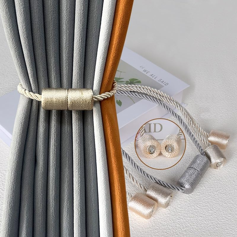 2 Pack Magnetic Curtain Tiebacks Modern Handmade Rope Curtain Tie Backs Decorative Drapes Holdbacks for Home Outdoor Bedroom Decorative Curtain (Beige)